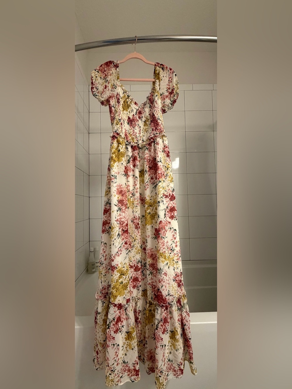 Baltic Born Floral Smocked Midi Dress in White with Pink & Mustard Flowers